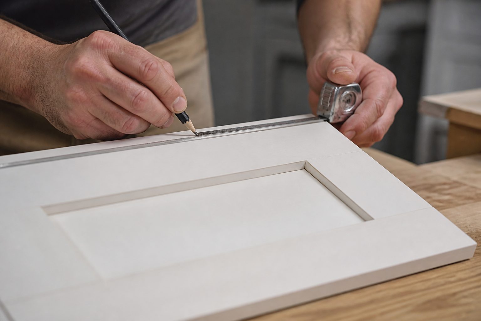 Hands measuring a white shaker cabinet door with a tape measure and pencil