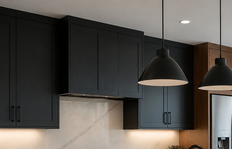 Finished kitchen with matte black shaker uppers, white stone, and daylight